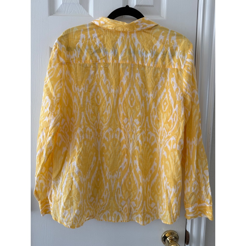 Chico's Yellow Ikat Print 100% Cotton Button Front Shirt Size XL Resort Coastal - Picture 4 of 7